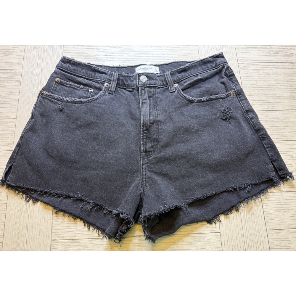 Abercrombie & Fitch High Rise Mom Black Denim Shorts Frayed Hem‎ Distress 32/14
